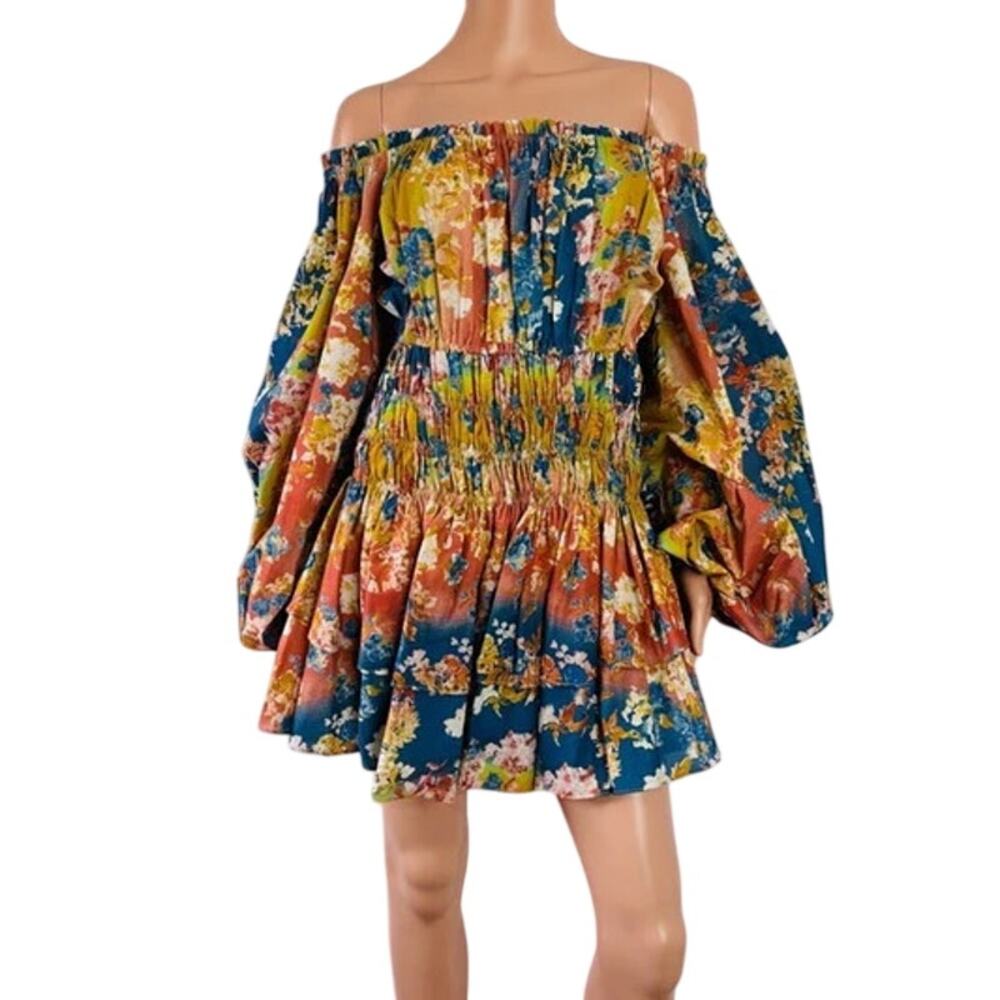 CAROLINE CONSTAS Off Shoulder Balloon Sleeve Floral Tiered Mini Dress Medium M
